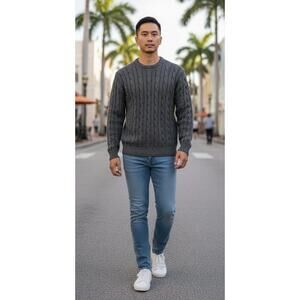 VTG 90s Blumarine Uomo Italy Gray Chunky Cable Knit Cotton Sweater L (modern M)